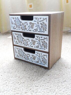 Wooden desktop mini organizer with three floral- patterned drawer NEW